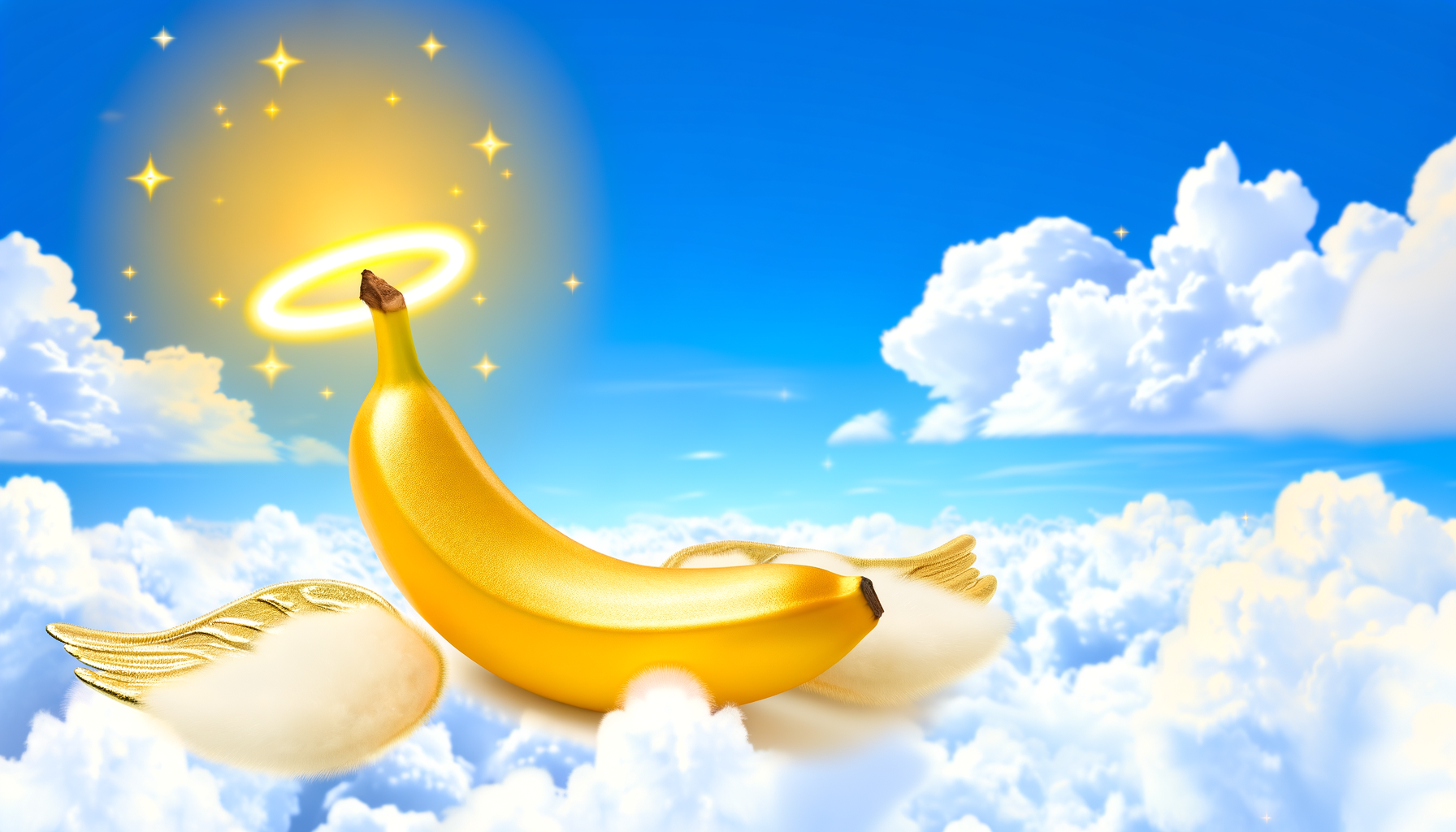 Un fruit doré flottant, auréole à l’horizon, s'épanouit entre nuages et éclats de rire. Elégance céleste d'une banane angélique.
