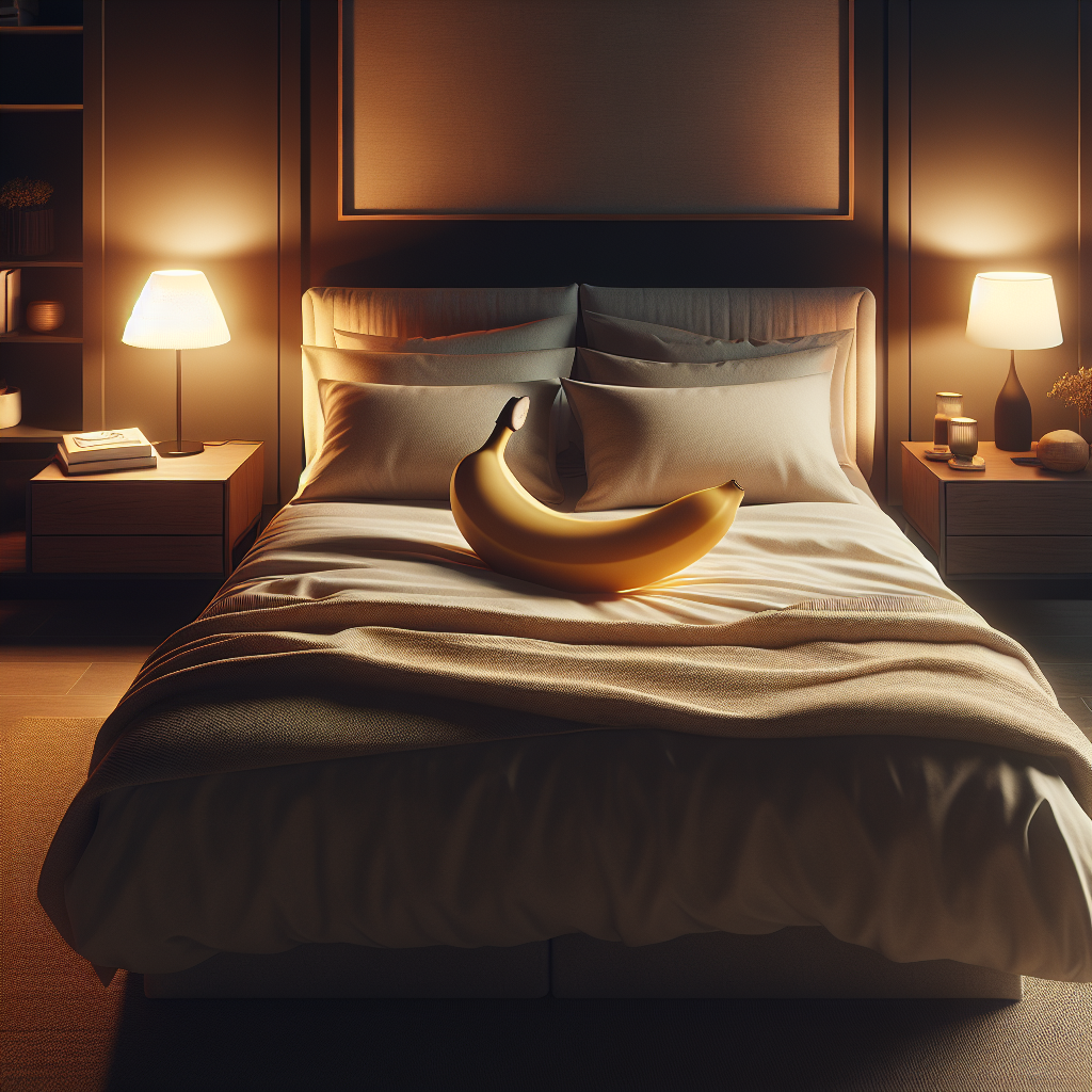 Dans le creux des rêves, une banane dorée se prélasse, sidérant le sommeil, douce étoile d'un univers de feutre et de lumière.