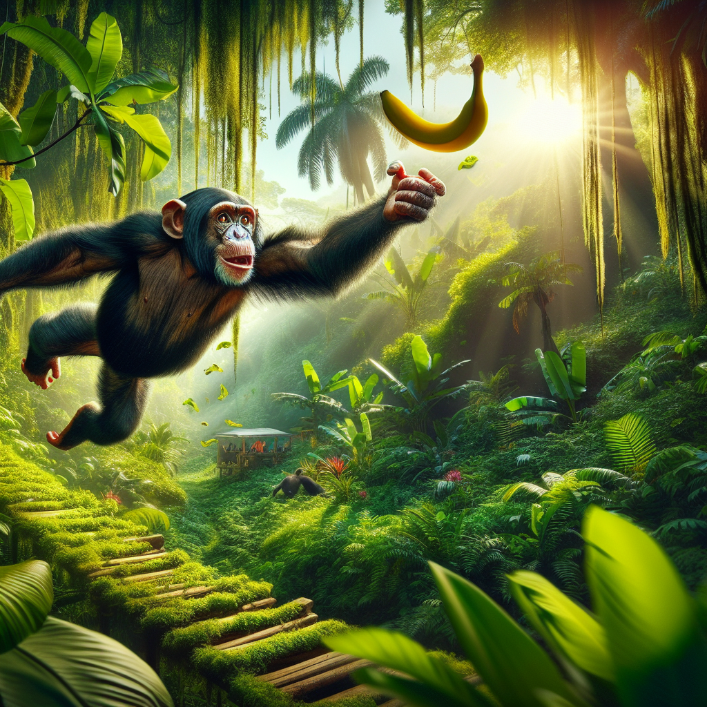 Dans la danse verte des feuilles, un acrobate aux poils soyeux capture un rêve jaune, éclat de lumière et de rires suspendus.