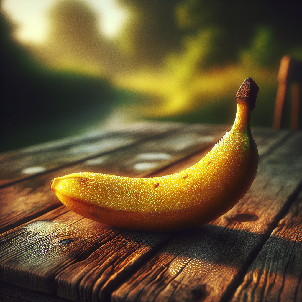 Sur un vieux plateau de bois, une banane brillait, éclatante de vie, un soleil tropical perdu dans un rêve rural. Qui sait ce qu'elle murmure ?