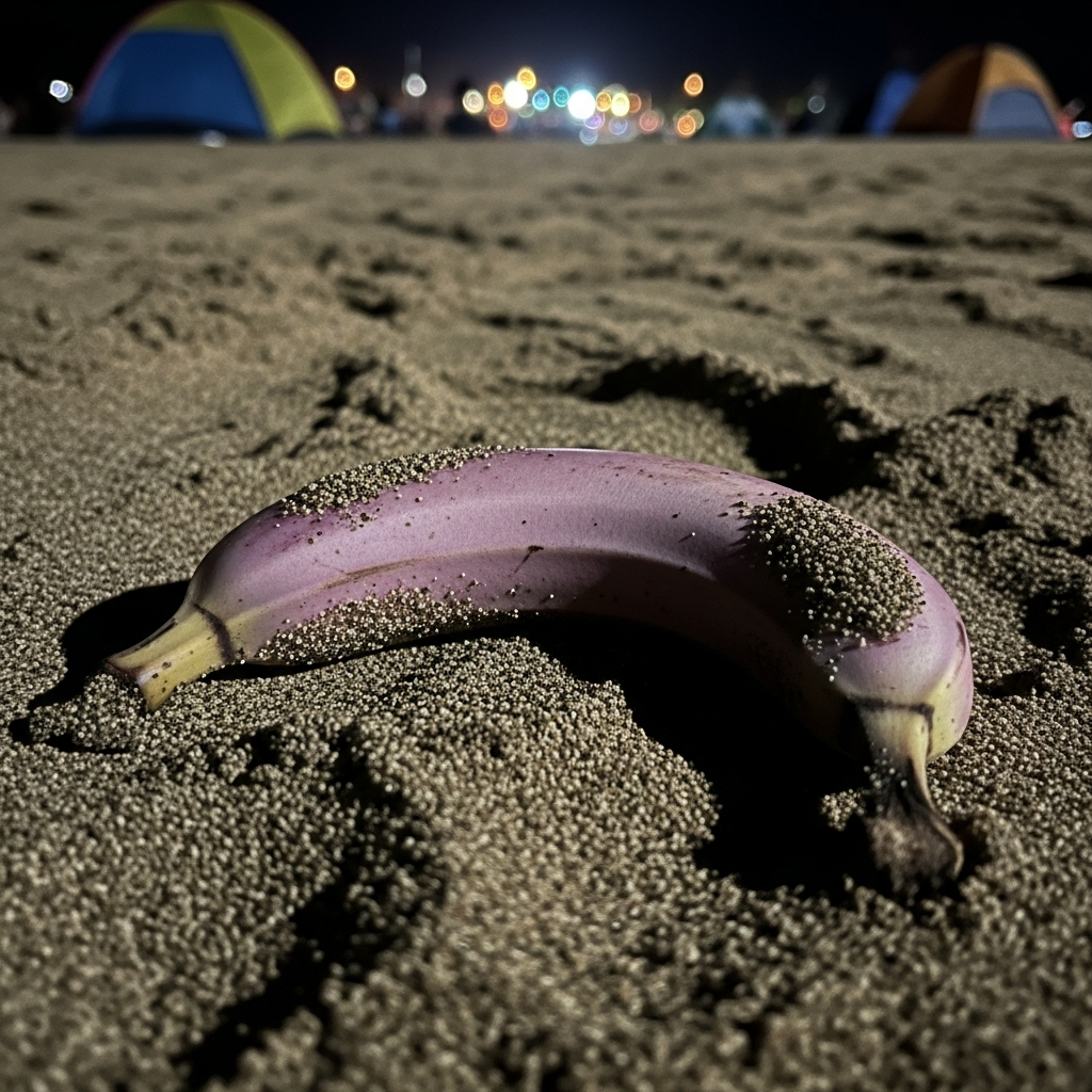 Sous les étoiles, un fruit singulier sommeille, paré de sable, témoin d'une fête oubliée, là où la nuit et le goût se rencontrent.