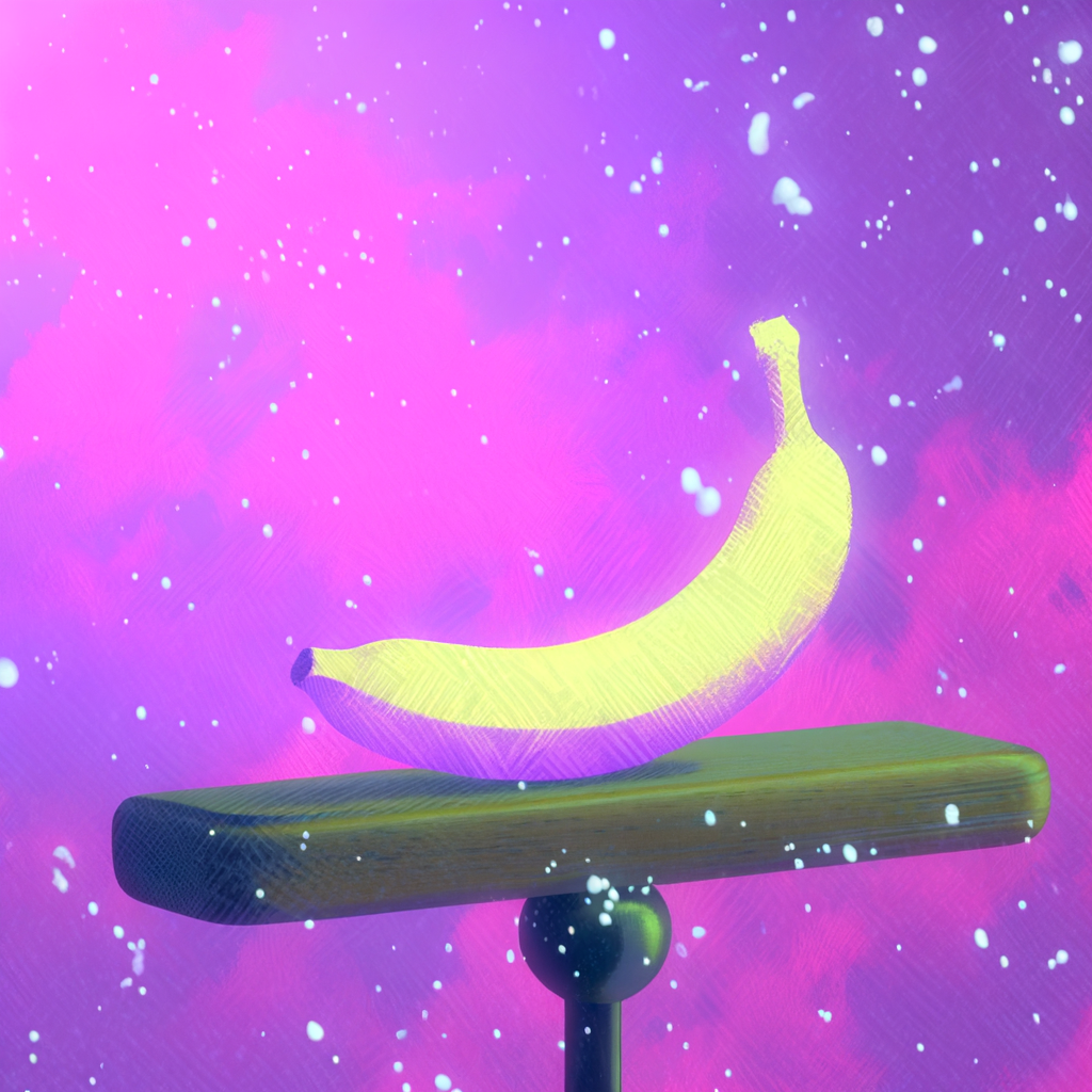 Sous un ciel rose, une banane éclaire l'univers, suspendue, rêveuse, comme si elle attendait son hourra intergalactique.