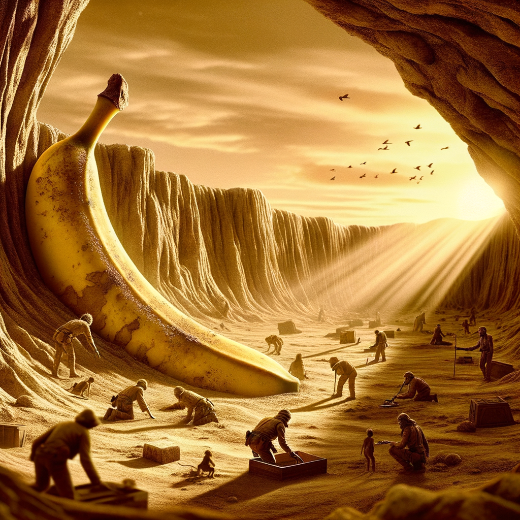 Dans une vallée dorée, un fruit titanesque veille, tandis que l'humanité s'affaire, cherchant des trésors dans le sable chaud de l'absurde.