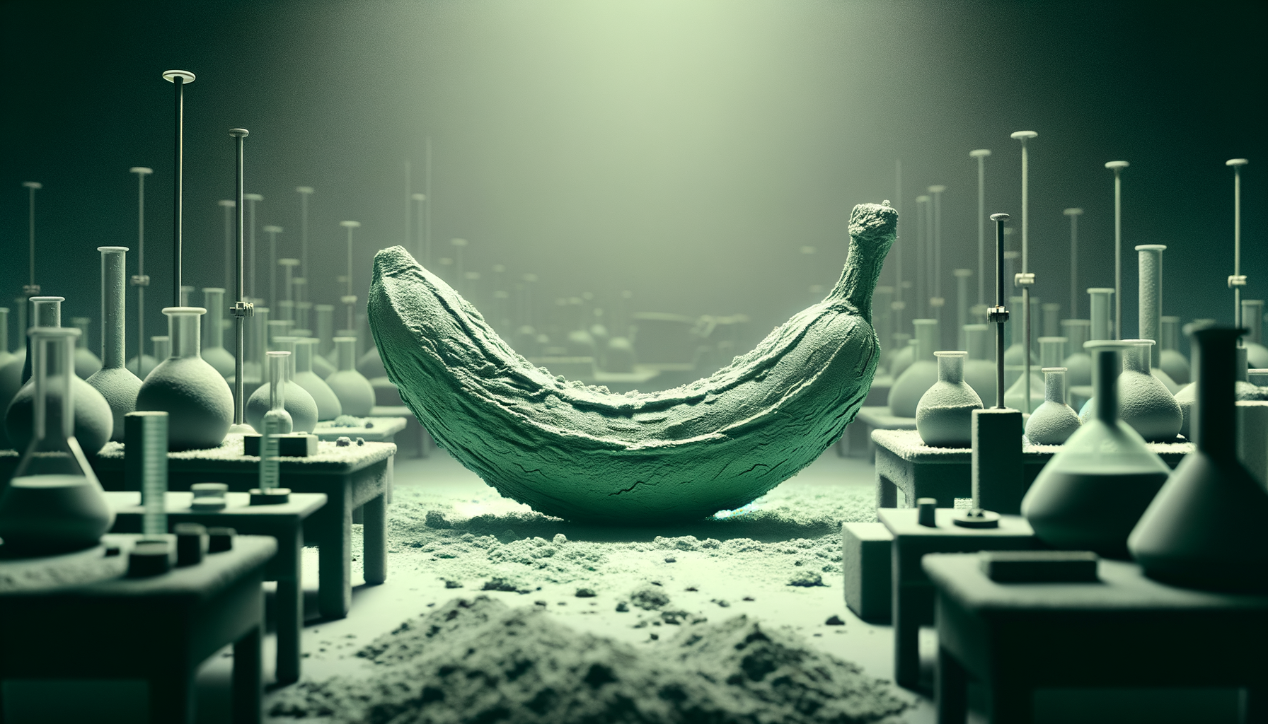 Au cœur du labyrinthe de verre, une banane berce les secrets d'un monde où la chimie s'incline devant l'absurde. Étrange fruit, roi des essais.