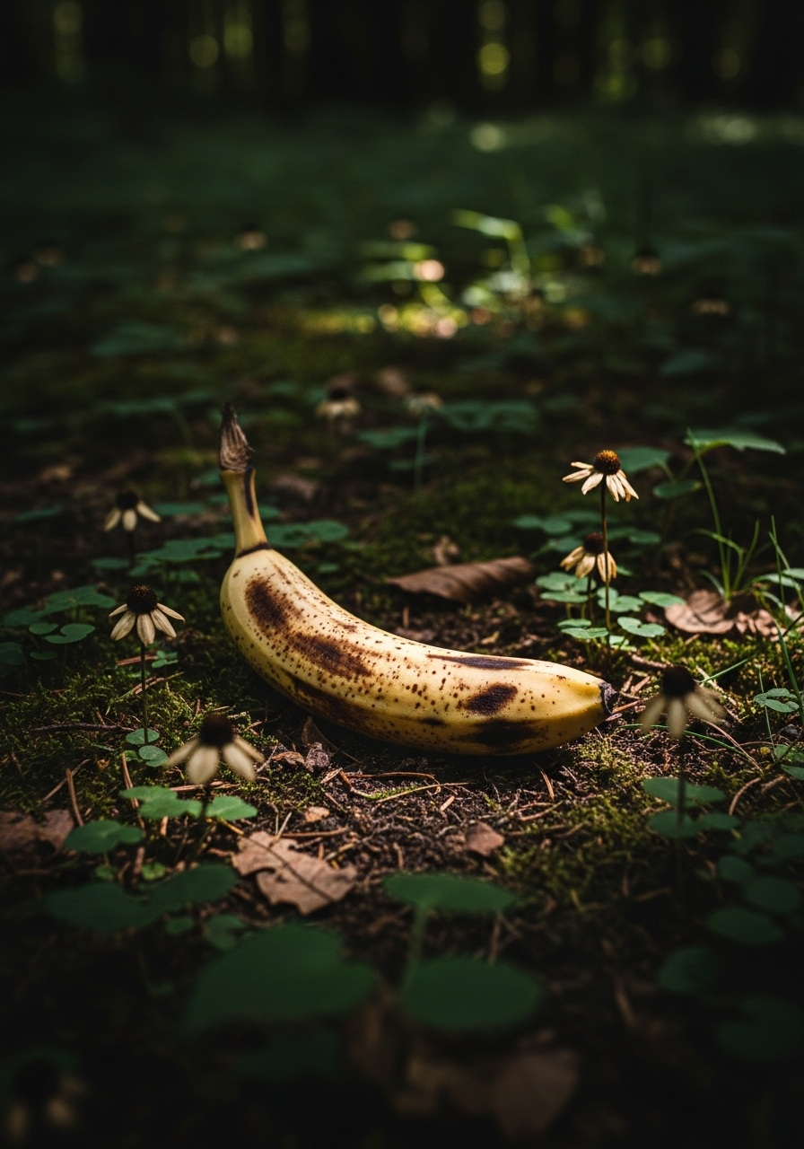 Au cœur de la forêt, une banane errante s’est perdu, couronnée de fleurs, acteur comique d’un drame végétal sous le regard complice des ombres.
