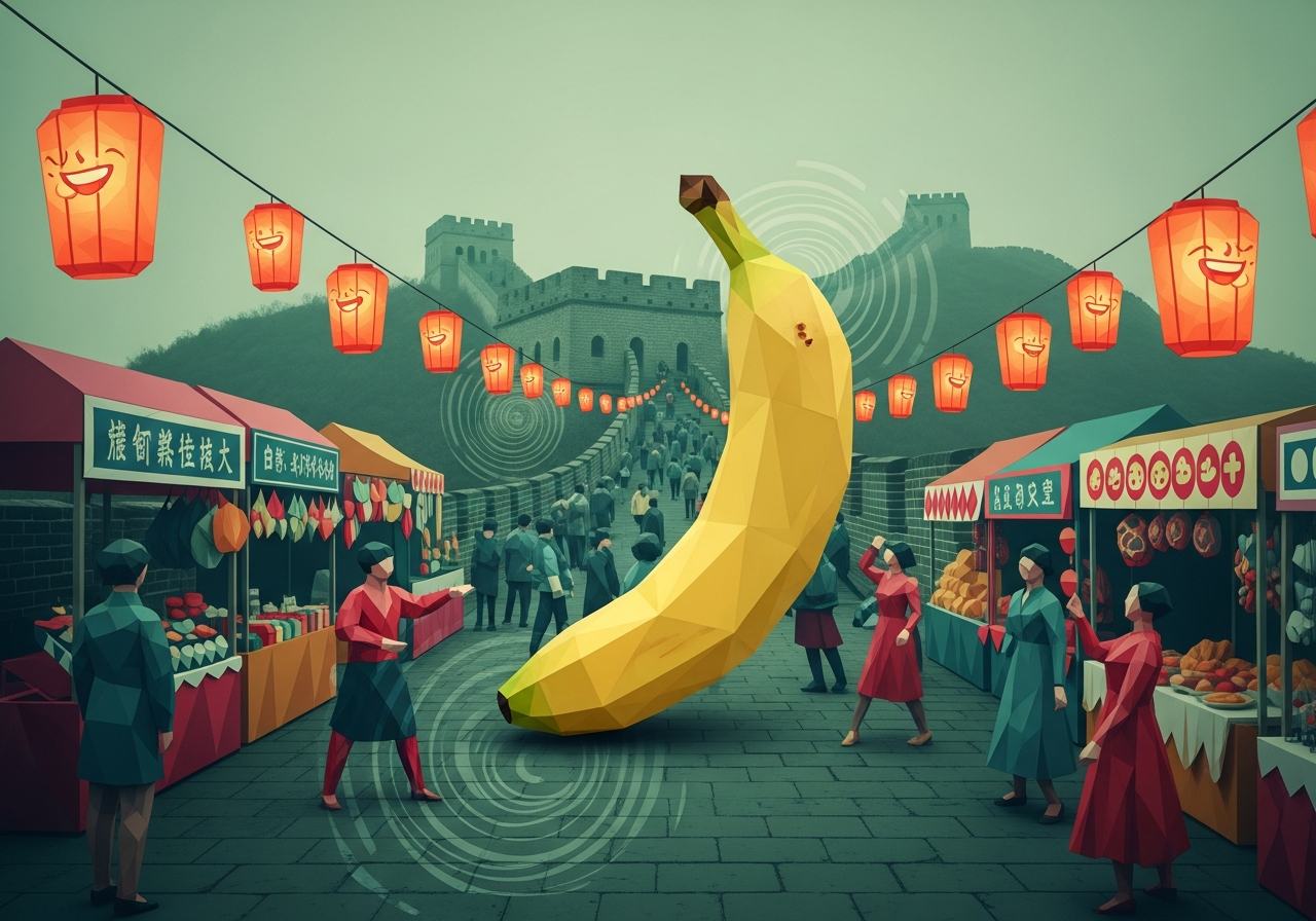 Dans une danse de lanternes riantes, un banane géante s’invite, défiant les murs du temps, élixir d’un carnaval improbable.