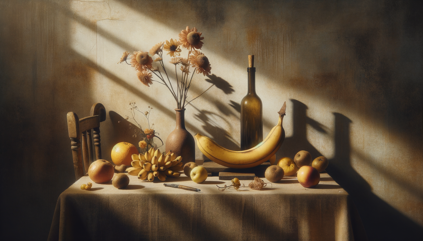 Un banquet de fruits bavards, sous un voile de lumière dorée, où les ombres dansent, et le temps suspend son souffle.