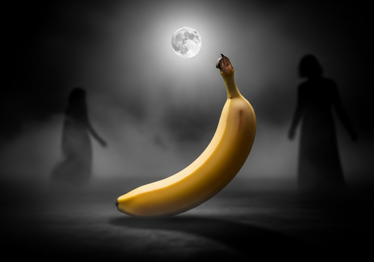 Sous la lune complice, une banane défiant les ombres danse, sucrée et farceuse, jonglant avec les fantômes d’un mystère oublié.