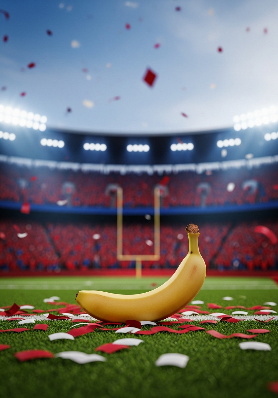 Dans le stade des rêves, une banane audacieuse danse parmi les confettis, défiant les règles du jeu, échevelée de folie et de fraîcheur.
