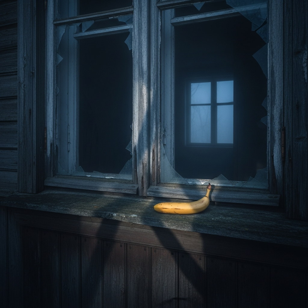 Banane dorée, témoin silencieux, sur le rebord du temps, éclaire d’un sourire fruité une maison oubliée, réminiscence de rires passés.