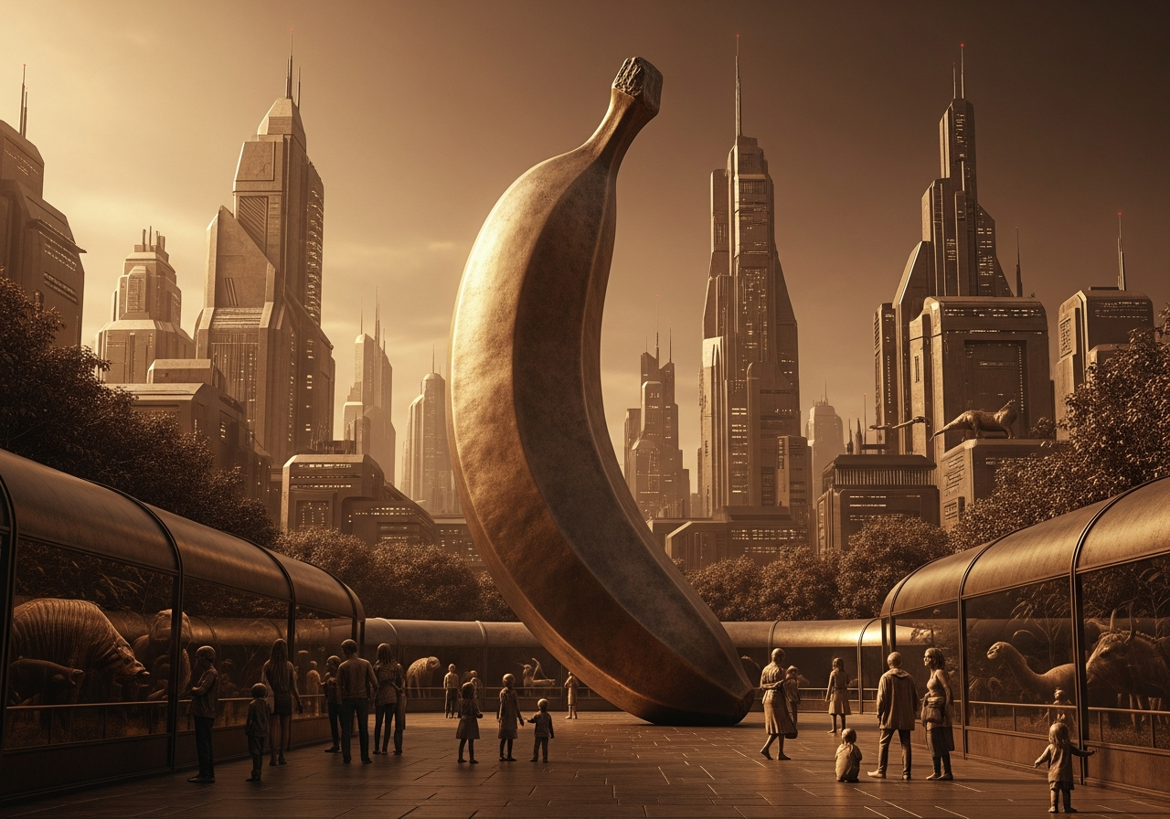 Dans un monde de béton, une banane géante rêve de ciel, tandis que les humains, ébahis, s'interrogent : la nature ou la folie ?