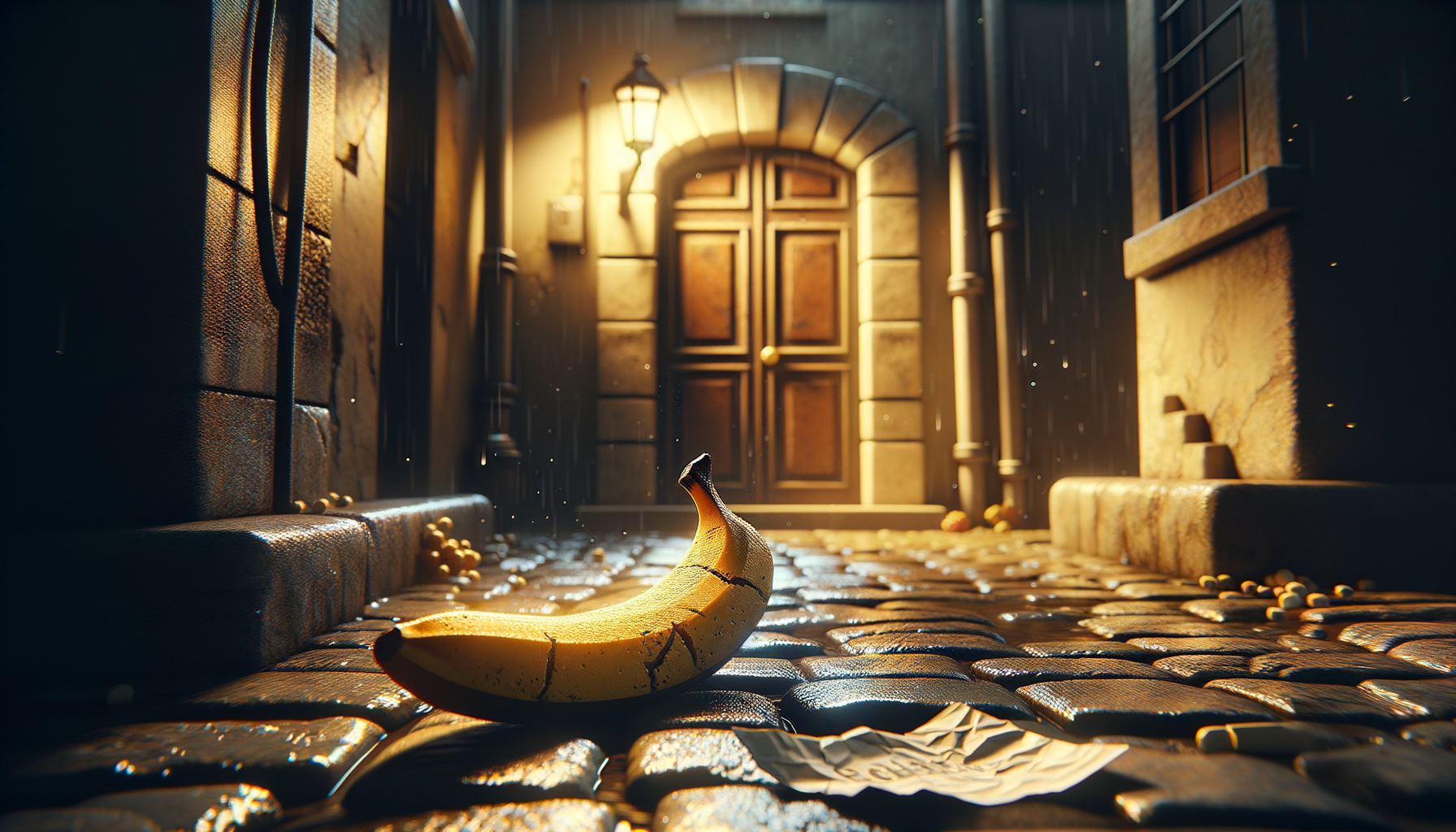 Sous la pluie, une banane rêve d'aventures oubliées, perdue dans un monde pavé où les échos des rires s'étiolent.