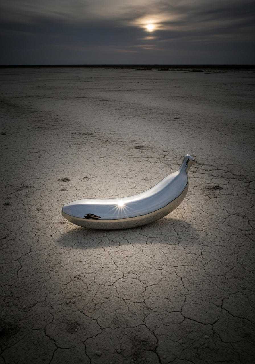 Dans un désert de rêves, une banane miroir brille, reflet de l'absurde, sous un ciel qui hésite à pleurer.