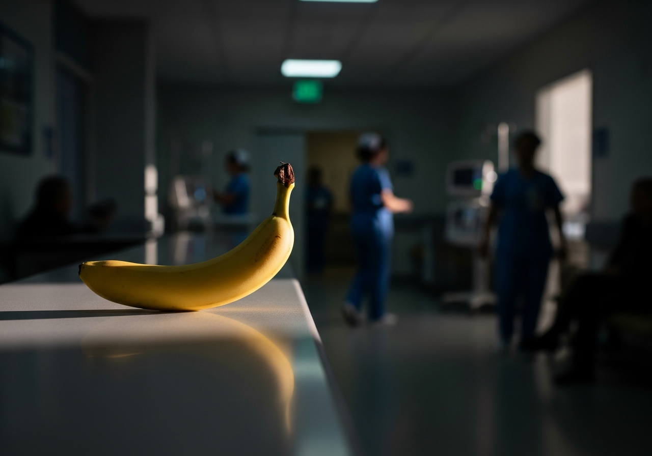 Une banane, étoile en attente, veille entre espoirs et soins, un éclat de soleil dans un océan de blouses bleues.