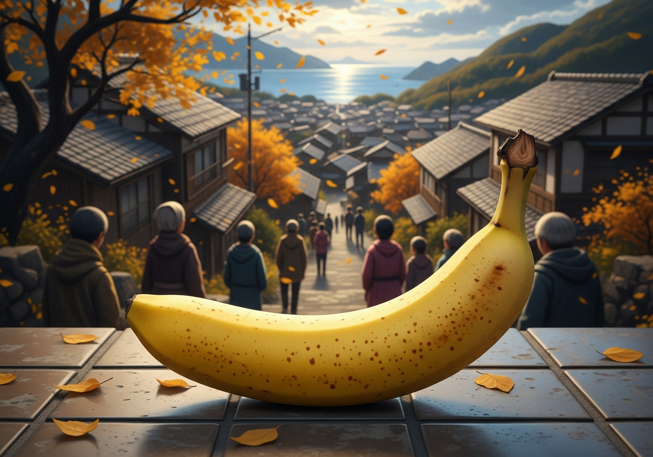 Dans un village doré, un éclat de soleil se prélasse, témoin d'une promenade en filigrane, tandis qu'une banane rêve de poèmes fruités.