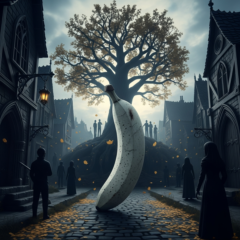 Dans un village de pierres sombres, une banane géante se dresse, défiant le silence des ombres, au cœur d’un arbre séculaire et mystérieux.