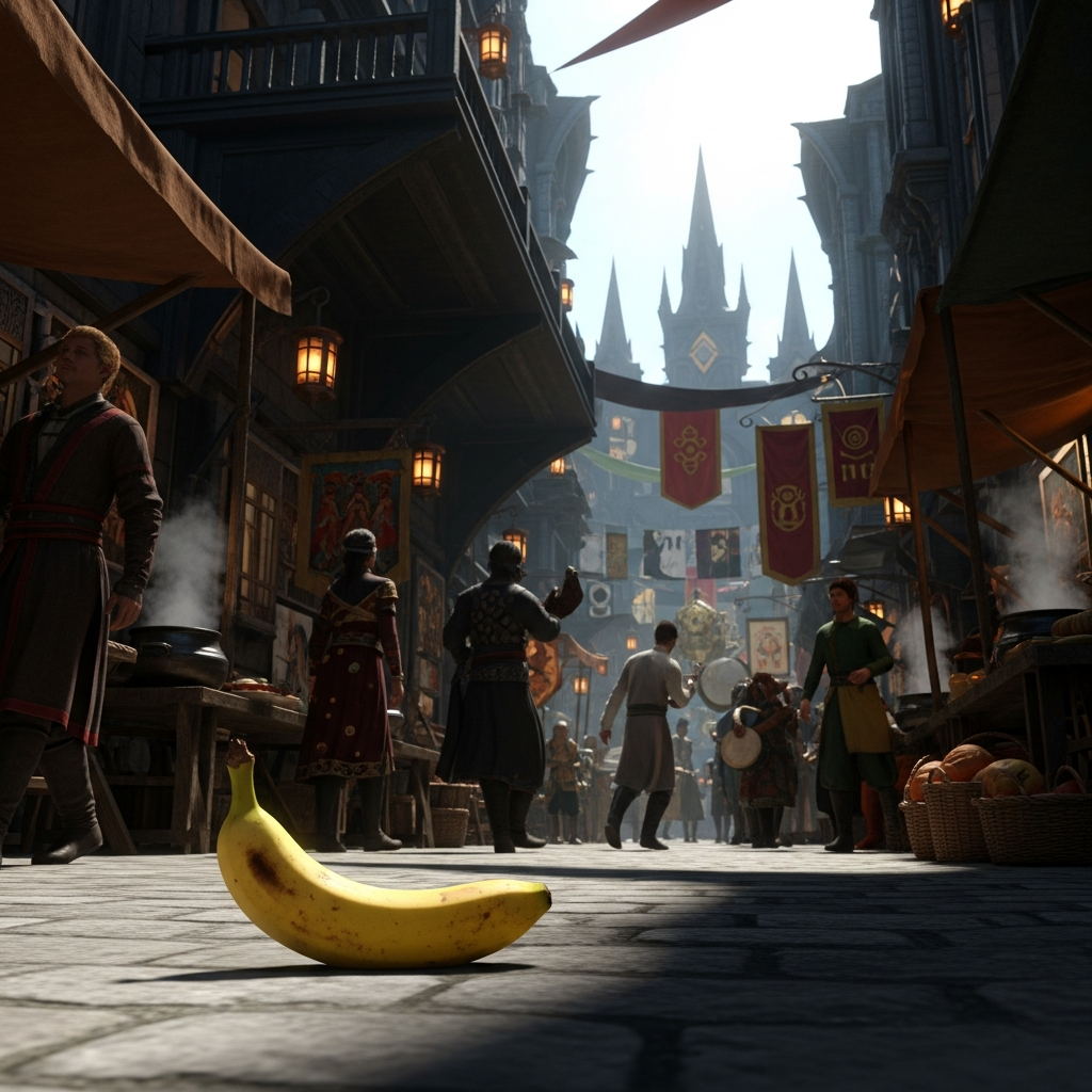 Dans une ruelle médiévale, un fruit doré se pavane, défiant l’ordre des épices, écho d’un festin prometteur sous l'œil surpris des nobles.