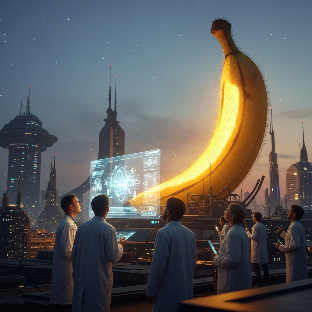 Sous un ciel étoilé, des penseurs en blouses blanches scrutent une banane géante, fruit d'un futur où la science se mêle à l'absurde.