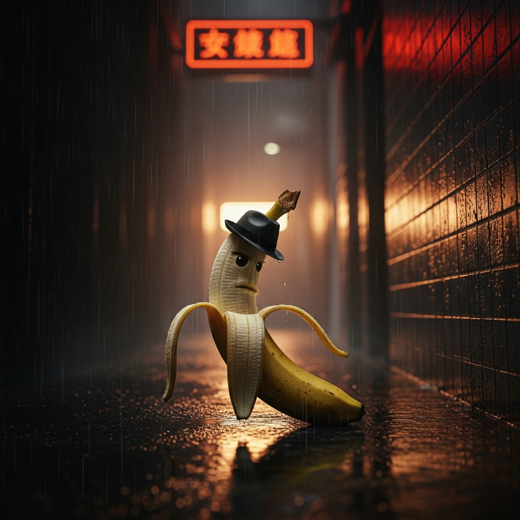 Sous la pluie, un gentleman fruité, chapeau posé, se perd dans les ruelles des rêves, tandis que la mélancolie des bananes s'invite au bal du quotidien.