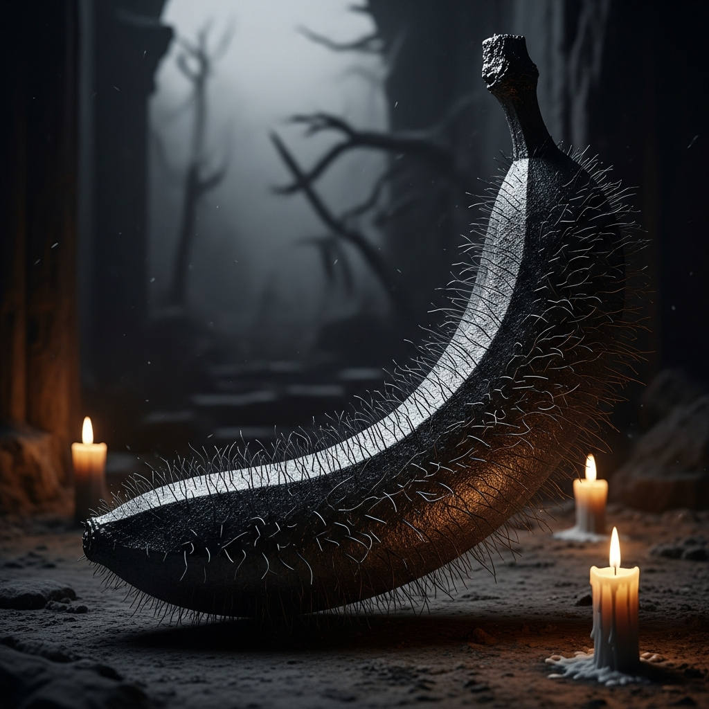 Un fruit fantôme, hérissé de mystères, veille dans l'ombre. Les bougies murmurent des secrets, créant une danse silencieuse entre lumière et ténèbres.