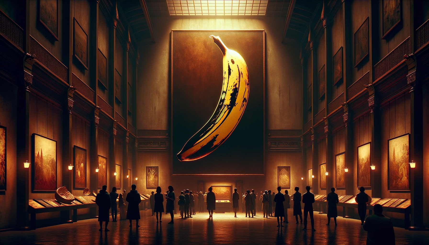 Dans l'antre des idées, une banane éblouit, éclat doré suspendu comme un rêve, tandis que l'art murmure des secrets aux curieux.