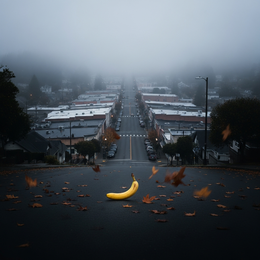 Une banane solitaire défie le brouillard, tandis que les feuilles dansent, comme des âmes perdues sur un chemin oublié, rêvant de l'éclat du soleil.