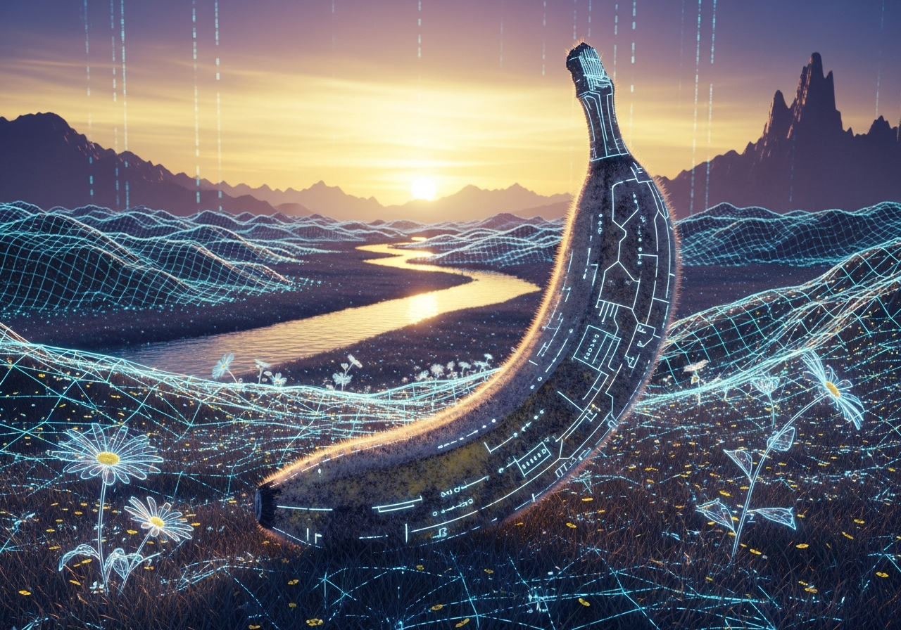 Une banane rêve en circuits, au crépuscule d’un monde pixelisé, où l’horizon danse avec des pixels et des fleurs de lumière.