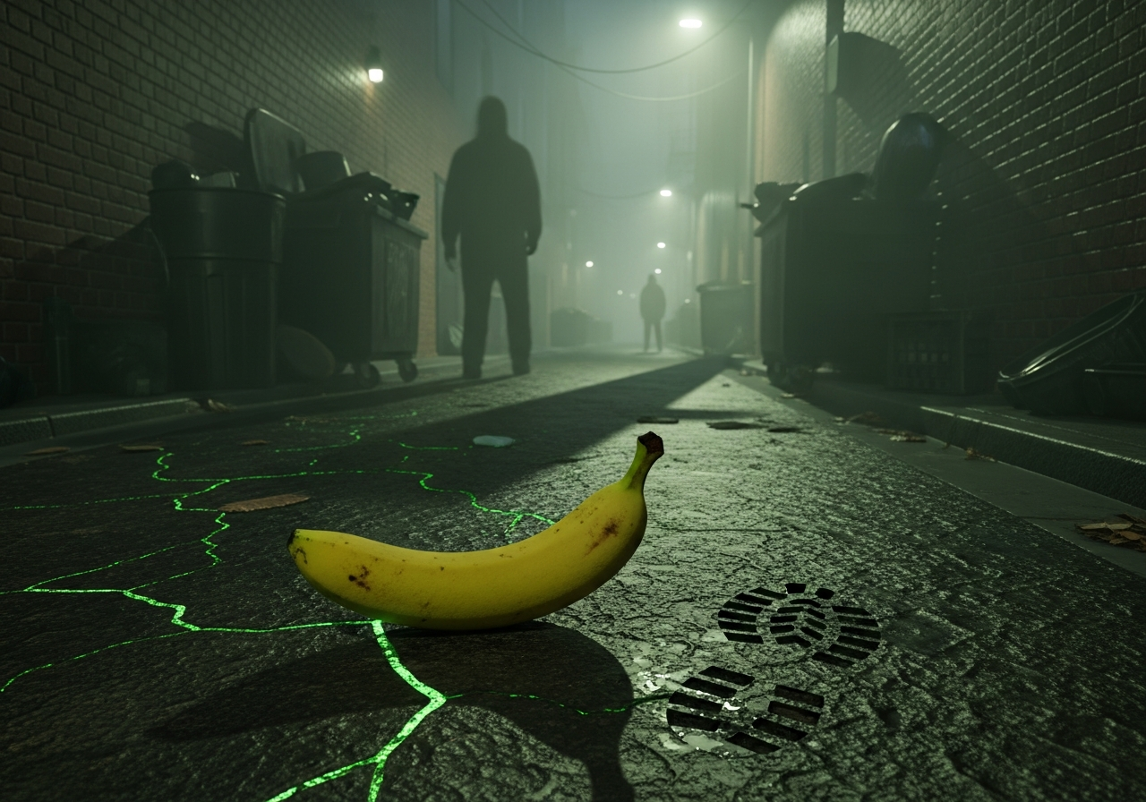 Sous la lune blafarde, une banane solennelle, gardienne d’un secret, défie l'ombre des silhouettes, dans une ruelle où le silence murmure.