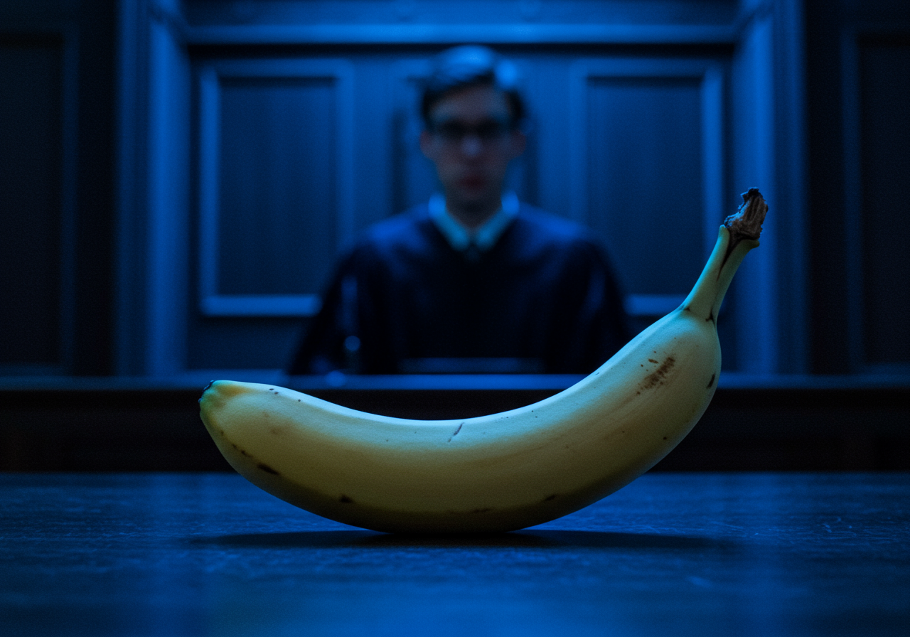 Un tribunal des fruits, où la banane, témoin silencieux, défie le sérieux des juges avec un sourire enjoué sous un ciel d’azur électrique.