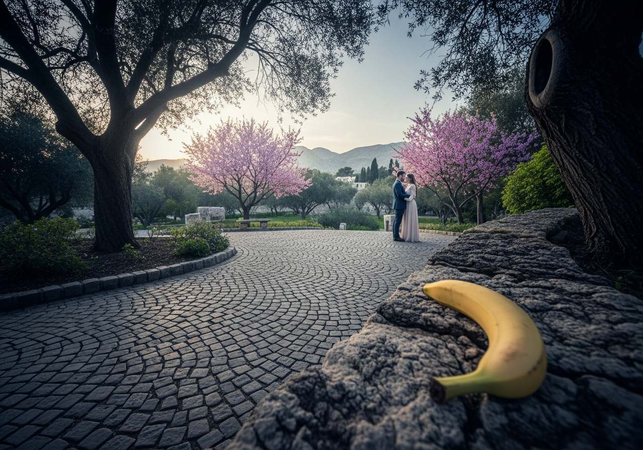 Sous les fleurs roses, l’amour danse, pendant qu’une banane rêve d’évasion sur un mur figé dans le temps.