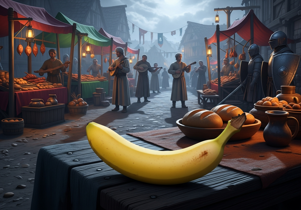 Un voyageur temporel confond la Renaissance et sa collation : banane, prince des tropiques au cœur d’un marché médiéval silencieux.