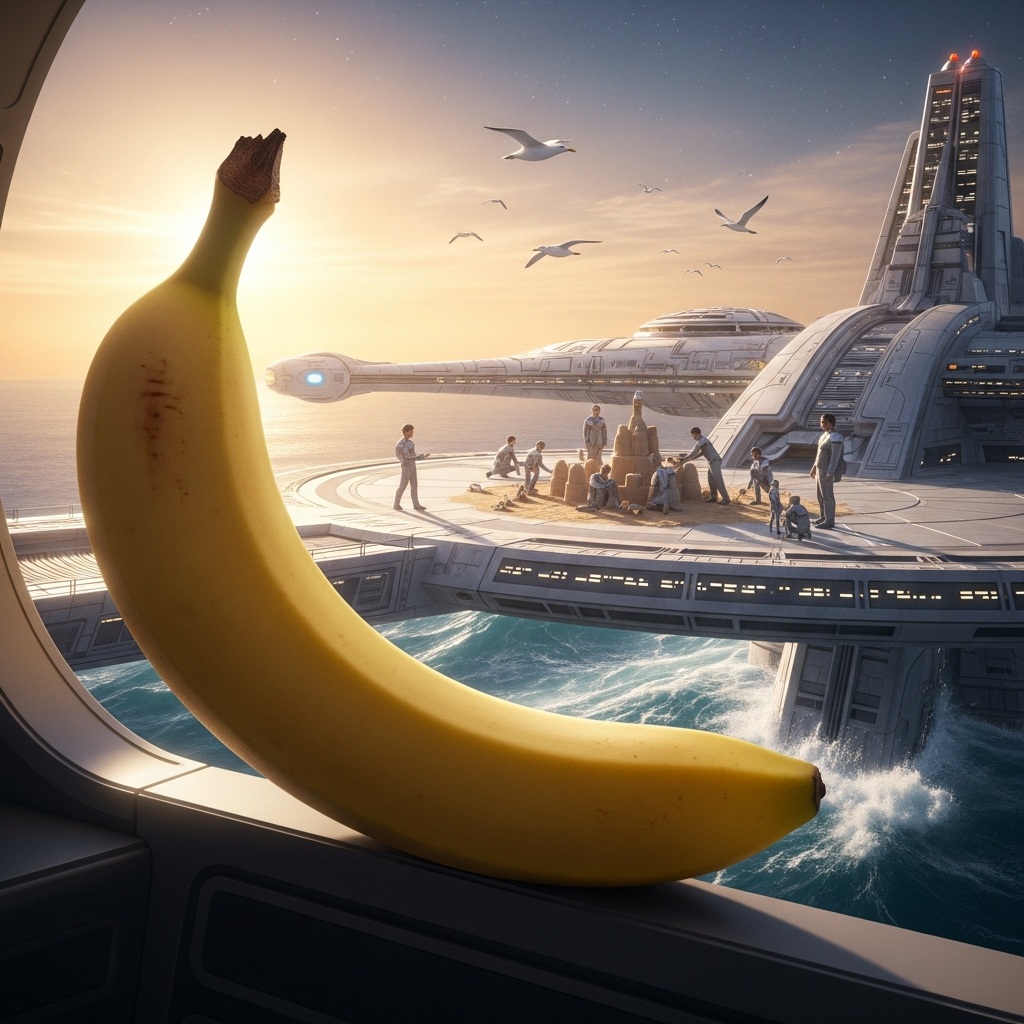 Une banane voguant vers un château de sable interstellaire, où les astronautes sculptent des rêves sous le chant des mouettes cosmiques.