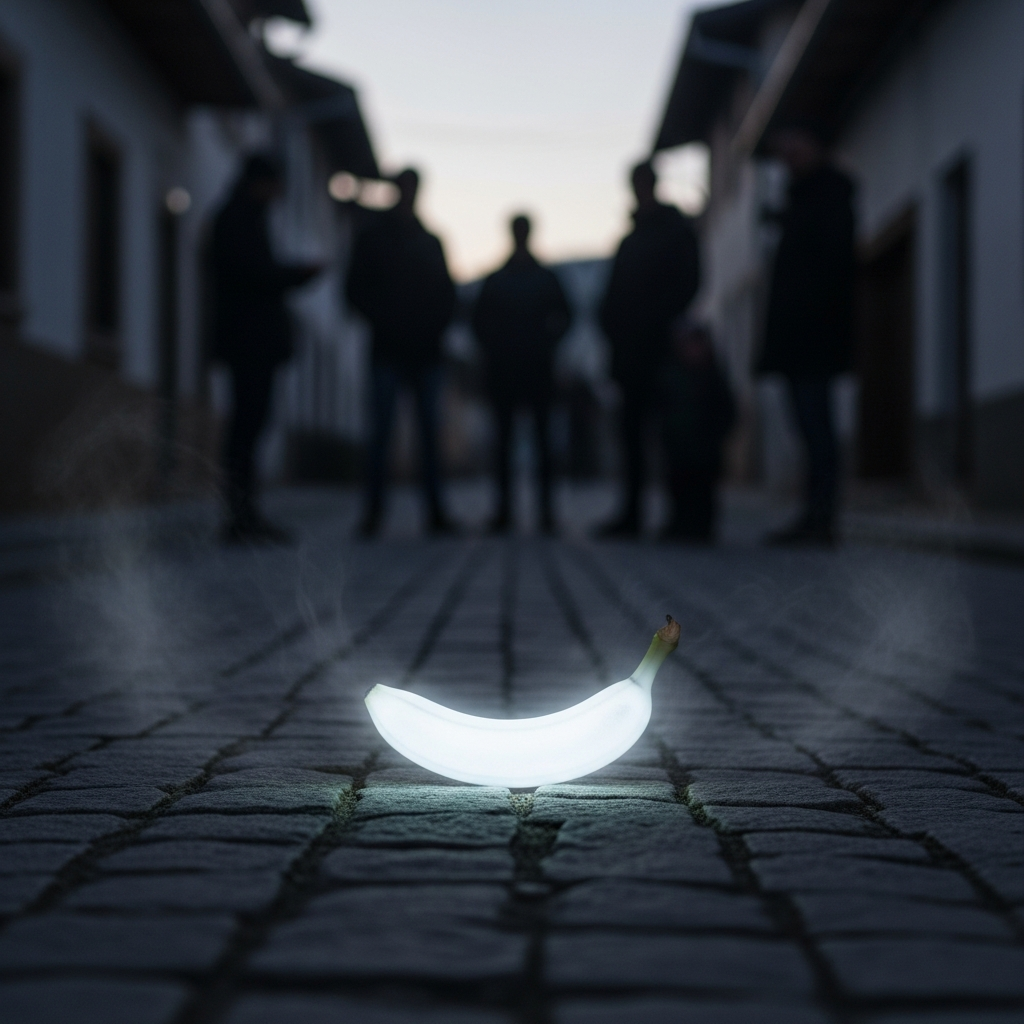 Une banane fantôme éclaire la nuit, mystère éclaté sous les pas silencieux des ombres indécises.