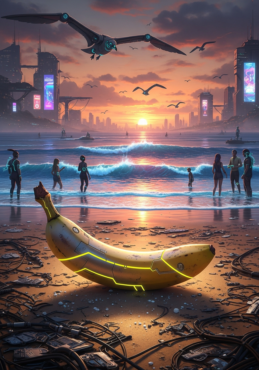Sur la plage, une banane cybernétique rêve de marées, tandis que des ombres futuristes dansent au crépuscule, célébrant un monde où la technologie et la nature s’embrassent.