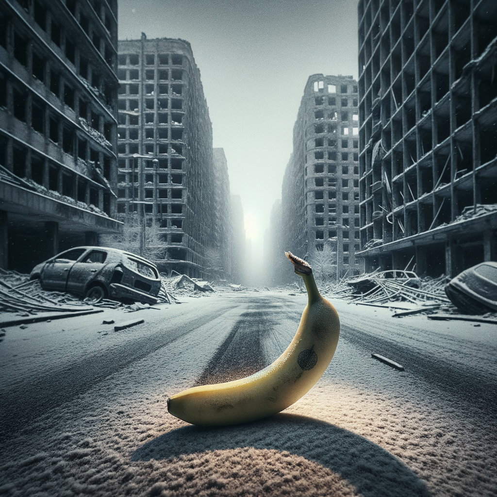 Dans un monde de ruines, une banane illuminée, sentinelle sucrée d’une apocalypse, sourit aux ombres, rêve de smoothies oubliés.