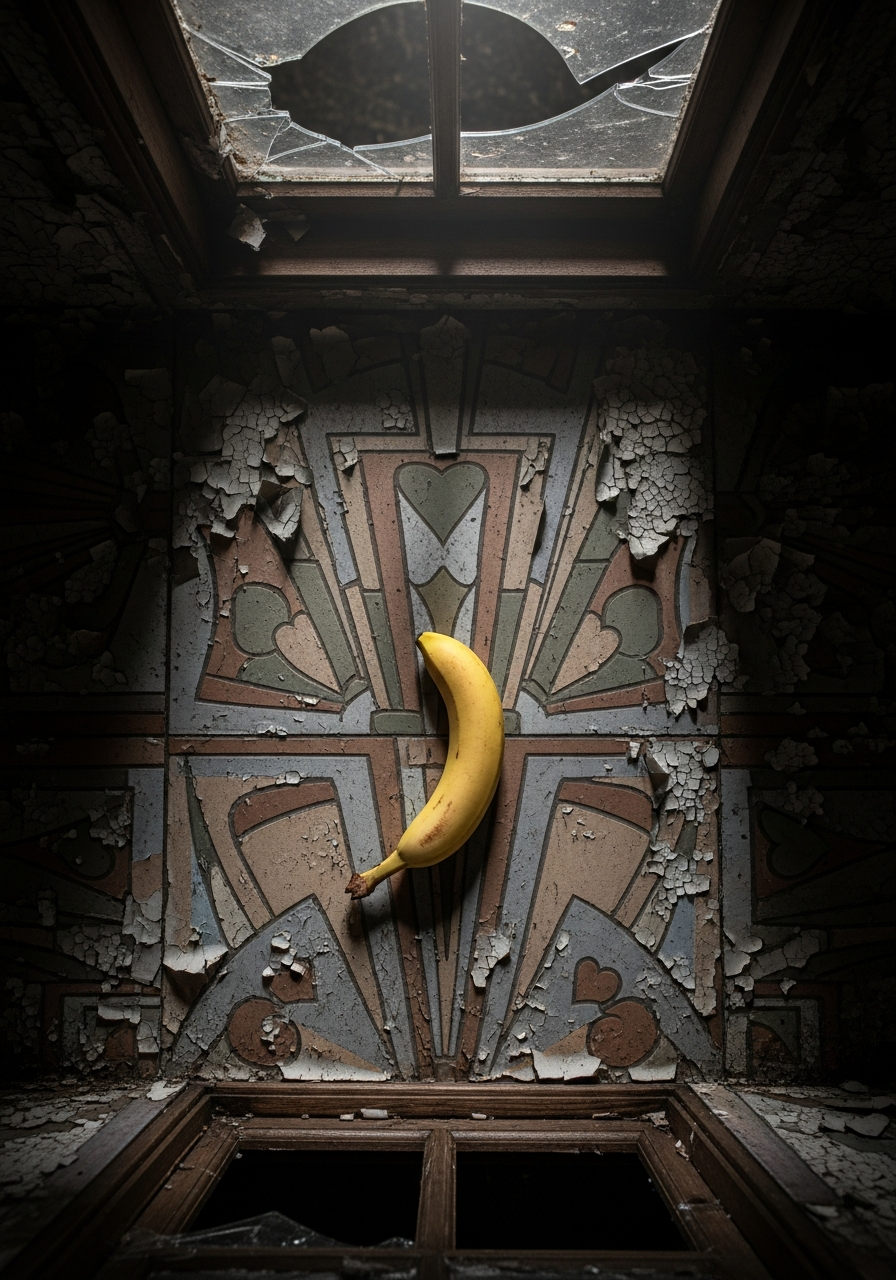 Sur un tableau de craquelures et de nostalgie, une banane se tient comme un soleil déroutant, éclatant de joie dans une galerie oubliée.