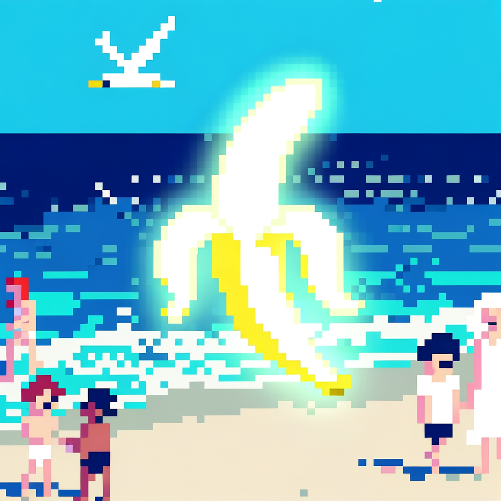 Sous un ciel azur, une banane lumineuse danse sur les vagues, invitant les rires des baigneurs à savourer l’absurde entre soleil et mer.