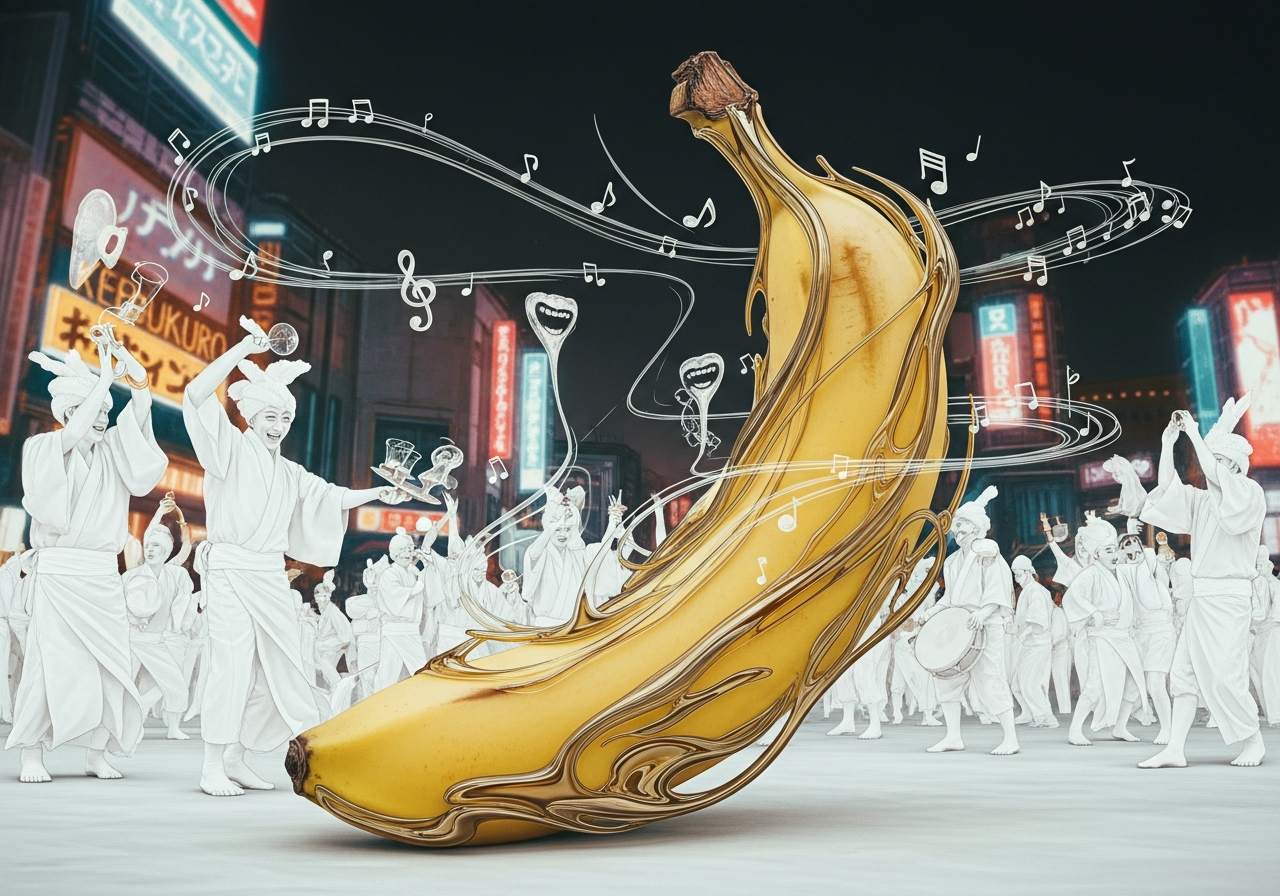 Sous un ciel de néons, une banane danse, chantant des notes sucrées dans un carnaval de fantômes joyeux, où l’art et la folie se rencontrent.