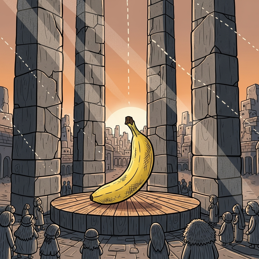 Sous le temple ancien, la banane sacrée brille, oracle d’un futur curieux, entre sagesse oubliée et humour céleste.