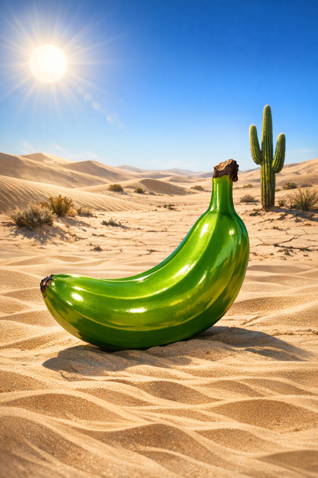 Sous un soleil de braise, la banane verte rêve d’océan, perdue dans ce désert où le sable murmure des souvenirs trop mûrs.