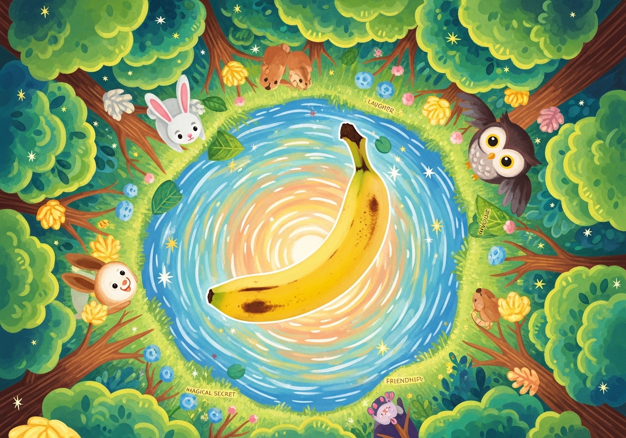 Au cœur d’un cercle enchanté, une banane danse avec les étoiles, sous le regard émerveillé d’une forêt complice et câline.
