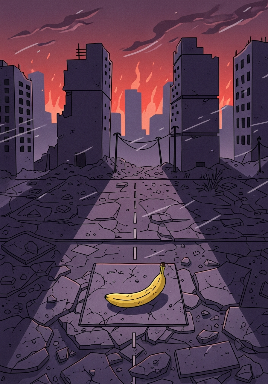 Au cœur des ruines, un fruit éclaire la fin du monde — ironie fragile, sourire jaune dans un océan de chaos silencieux.