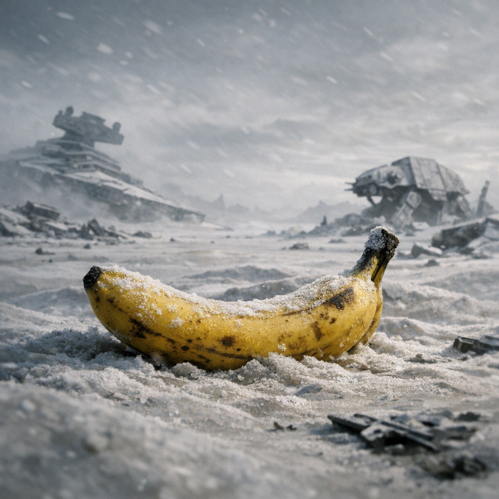 Sous la neige silencieuse, une banane lutte, vestige jaune d'un empire ancien enseveli sous l’assaut des machines titanesques.