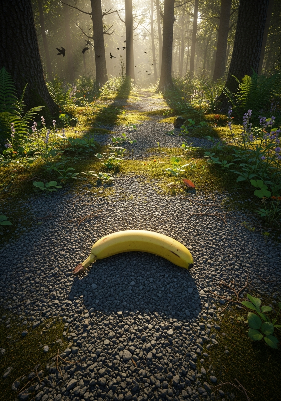 Une banane oubliée, gardienne silencieuse d’un sentier enchanté où les oiseaux dansent avec la lumière du matin.