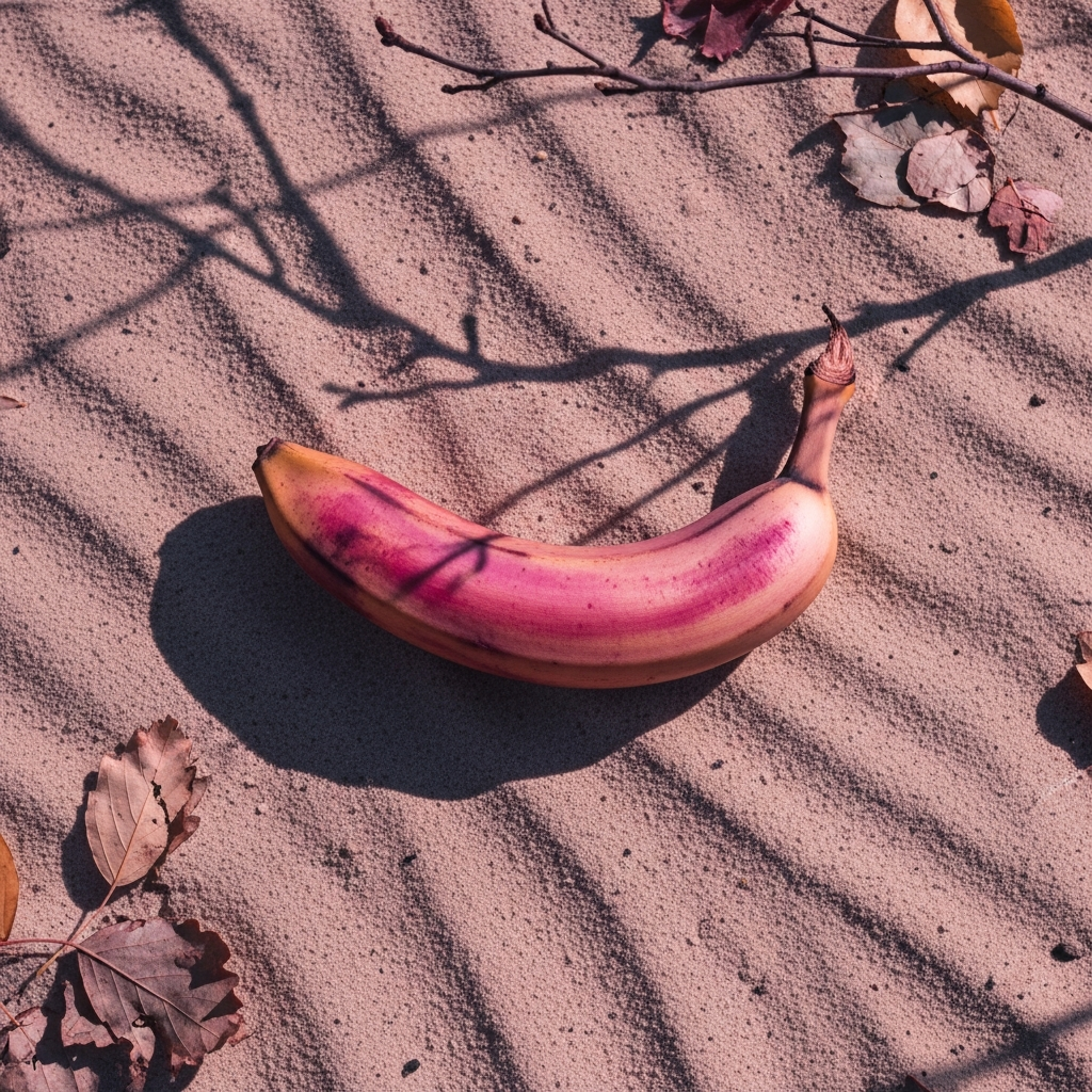Un fruit timide en robe pourpre danse sous l’ombre des souvenirs d’automne, murmures doux sur un sable silencieux.