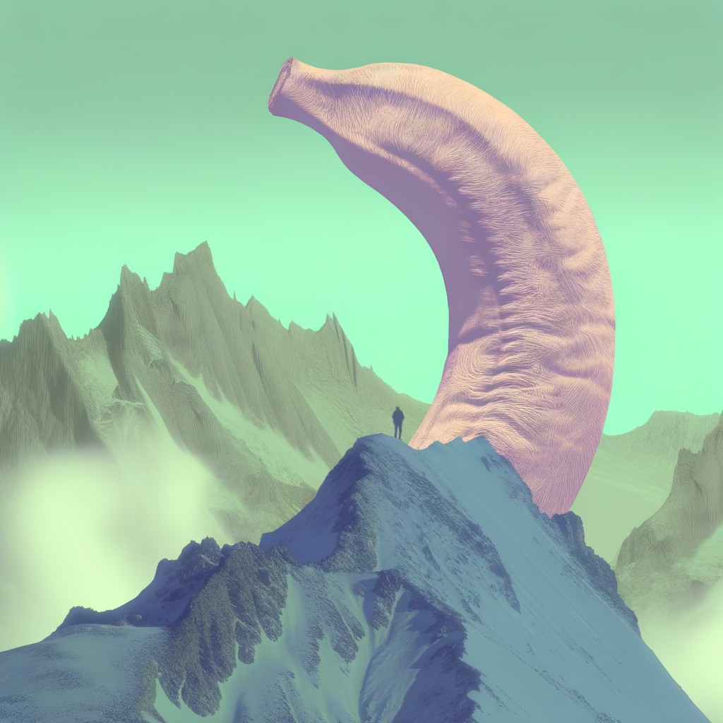 Un géant doux effleure l’horizon, là où la banane devient montagne et le rêve, un sommet parfumé.