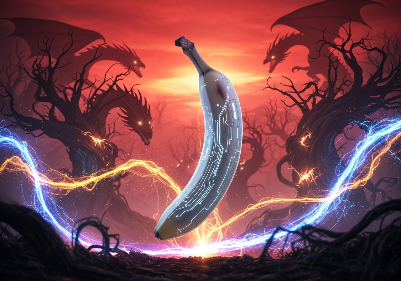 Dans un crépuscule ardent, une banane cyborg défie les dragons de l’ombre, dançant entre éclairs de magie et circuits de l’impossible.