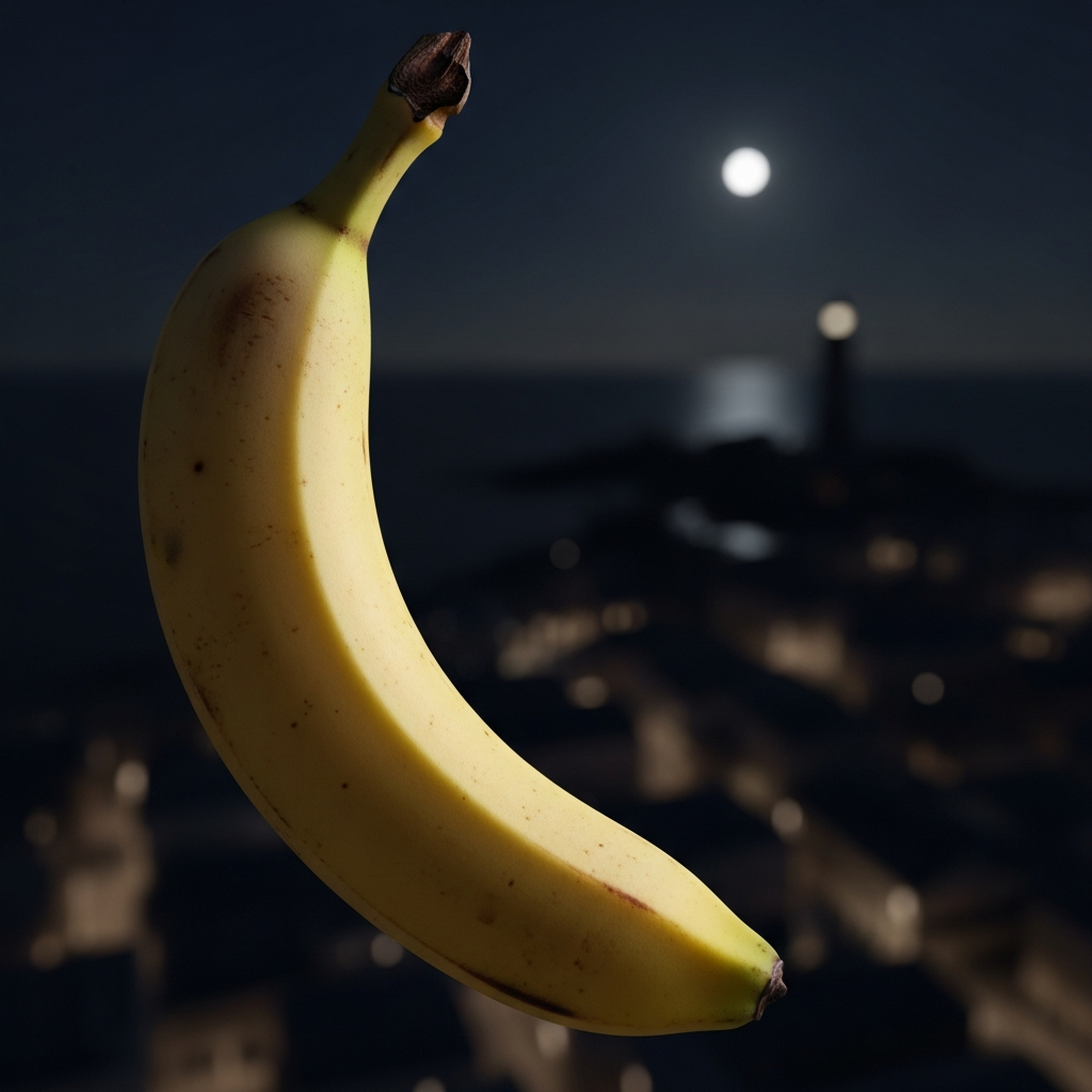 Sous la lune, une banane solitaire vogue, phare jaune dans l’obscurité, rêvant d’un océan de fruits inconnus et d’étoiles sucrées.