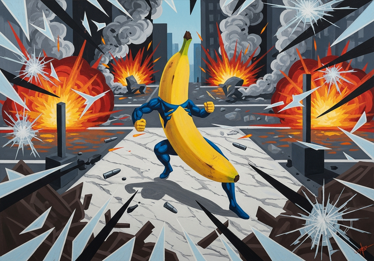 Sous une pluie d'explosions, le héros improbable dégaine ses muscles en peau jaune, prêt à sauver l'univers... ou au moins le petit-déjeuner.