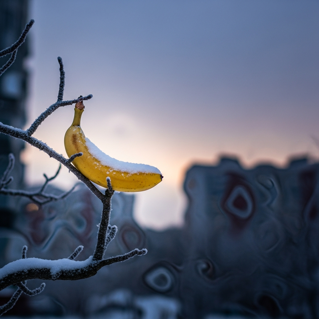 Sous la neige, une banane brave l’hiver, éclat jaune défiant le givre en équilibre fragile sur un rêve gelé.